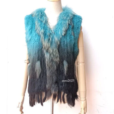 Tassels Sleeveless Vest Womens Real Rabbit Fur Coat Knitted Short Waistcoat Size - Image 1 of 4