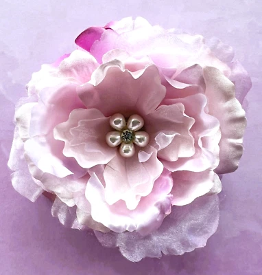 4.5"  Light Pink Lavender Peony Silk Flower Hair Clip Rhinestone Pearl Cabochon - Image 1 of 2