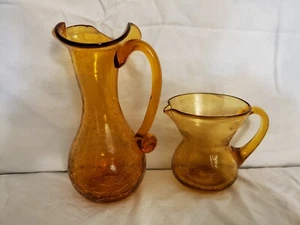 VINTAGE RAINBOW COMPANY HANDBLOWN MINIATURE AMBER CRACKLE GLASS PAIRED PIECES - Picture 1 of 9