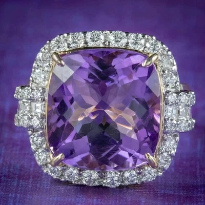 Anillo de diamantes de amatista natural con forma de cojín de 7,12 quilates de oro blanco real de 18 quilates Foto 1 de 4
