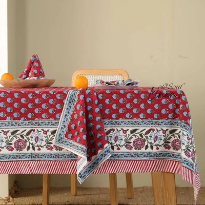 Vintage Hand Block  Floral Printed Cotton Tablecloth for Dining Room & Kitchen - Image 1 of 4