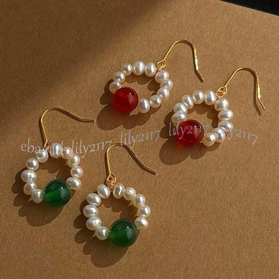 Natural White Freshwater Pearl Jade Agate Round Gems Beads Dangle Hook Earrings - Image 1 of 4