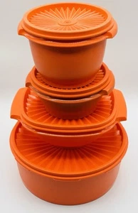 Set Of 4 Tupperware Servalier Mandarin Orange Bowls & Lids - Vintage - Picture 1 of 14