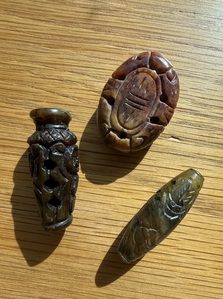 Vintage Chinese Export Carved Prayer Russet Moss Red Green Jade Bead Pendant Lot - Image 1 of 4