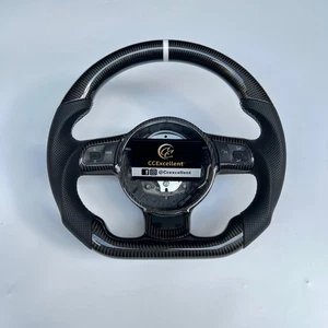 Für 2008-2015 Audi TT TTRS R8 TTS Quattro Kohlefaser Leder Lenkrad Weiß Streifen - Picture 1 of 11