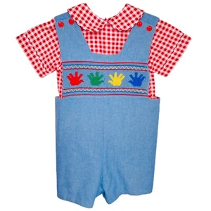 Vintage Boys Chambray Hands Embroidered Smocked Shortalls Romper Outfit 3T - 4T - Picture 1 of 14