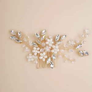 Wedding Bridal Hair Accessories Comb Clips Crystal Diamante Pearls Flower Gold - Picture 1 of 4