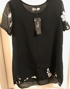 Tian Shun - Women's Black Short Sleeve - White Embroidered Shirt Top - Size L - Picture 1 of 10