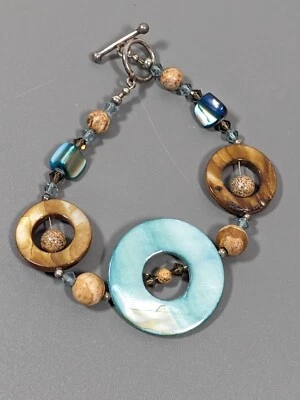 Beachy Coastal Blue Brown Shell Stone Toggle Bracelet 7.5 inch Circle - Image 1 of 4