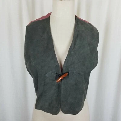 Vintage Jordache Leather Wood Toggle Front Vest Womens S M Satin Back Waistcoat - Image 1 of 4