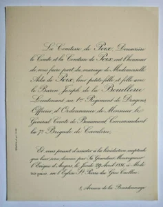 COMTESSE DE POIX Joseph de la Bouillerie FAIRE PART MARIAGE Comte Beaumont 1886 - Picture 1 of 1