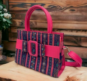 Women Shoulder Crossbody Bag Handbag Thai Fabric Pink Front belt Decoration 10" - Picture 1 of 16