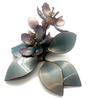 Vintage Enamel on Copper Sculpture Pink Teal Flower Bouquet - Image 1 of 4