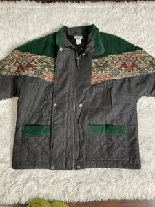Vtg Womans Coat 2XL Denim Jacket Tapestry Corduroy Embellished Jean Zip Snap Y2K - Picture 1 of 4