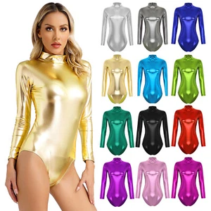 Mujeres Mono Metálico Brillante Body Top Rave Fiesta Leotardo Cuello Simulado Traje de Baño - Imagen 1 de 127