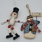 Set Of 2 Wooden HOLIDAY CHRISTMAS SNOWMAN ORNAMENTS 