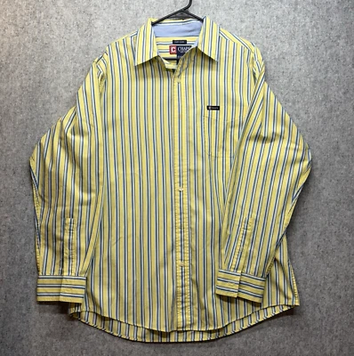 Chaps Easy Care Size L Men's Button-Down Shirt Yellow w/ Blue & White Stripes - Image 1 of 4
