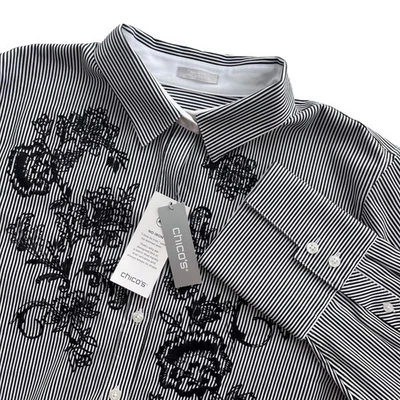 Blusa Chico's XL 3 Negra Blanca Rayas Bordada Mangas Largas Elastizada Sin Hierro Foto 1 de 4