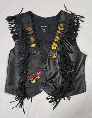 Vintage Women's Leather Biker Vest XL Black Snap Button Fringe HOG Patches/Pins - Image 1 of 4
