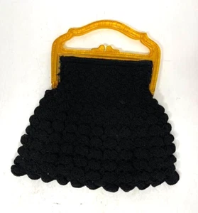 Black Crochet Purse w/ Bakelite Handle- 11 x 11" - Picture 1 of 3