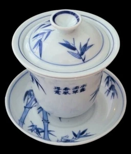 Chinese Seasons Porcelain Tea Cup Saucer Infuser Lid Winter Bamboo Blue & White - Picture 1 of 13