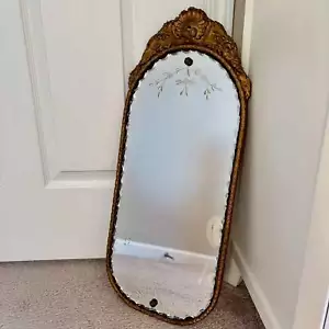 Antique March 19, 1930 Etched Scalloped Edge Glass Ornate Wood Frame Wall Mirror - Picture 1 of 10