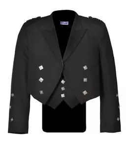 Giacca kilt Prince Charlie nera con gilet/gilet risvolto in raso - Foto 1 di 6