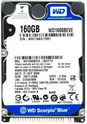 Disco Rigido WD Blue Scorpio WD1600BEVE 160GB 5400U/Min 8MB Pata / Ata / Ide 2.5 - Immagine 1 di 3