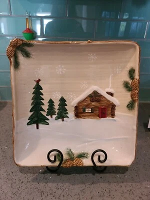 St. Nicholas Square Large Heartland Serving Platter Dish Cabin Pine Trees 11x11 - Image 1 of 4