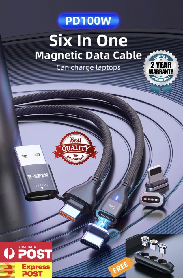 B-SPIN PD 100W 6 in 1 USB Type-C Micro Fast Charging Cable Charger For iPhone 17 - Image 1 of 4