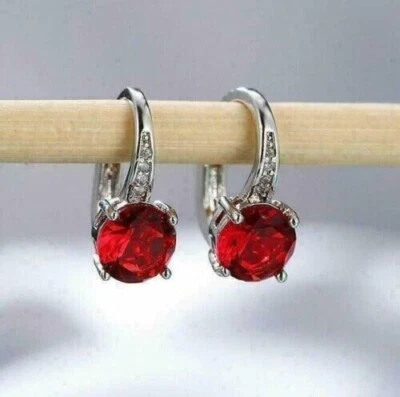 2.00Ct Round Lab Created Garnet Drop & Dangle Earrings 14K White Gold Finish - Image 1 of 4