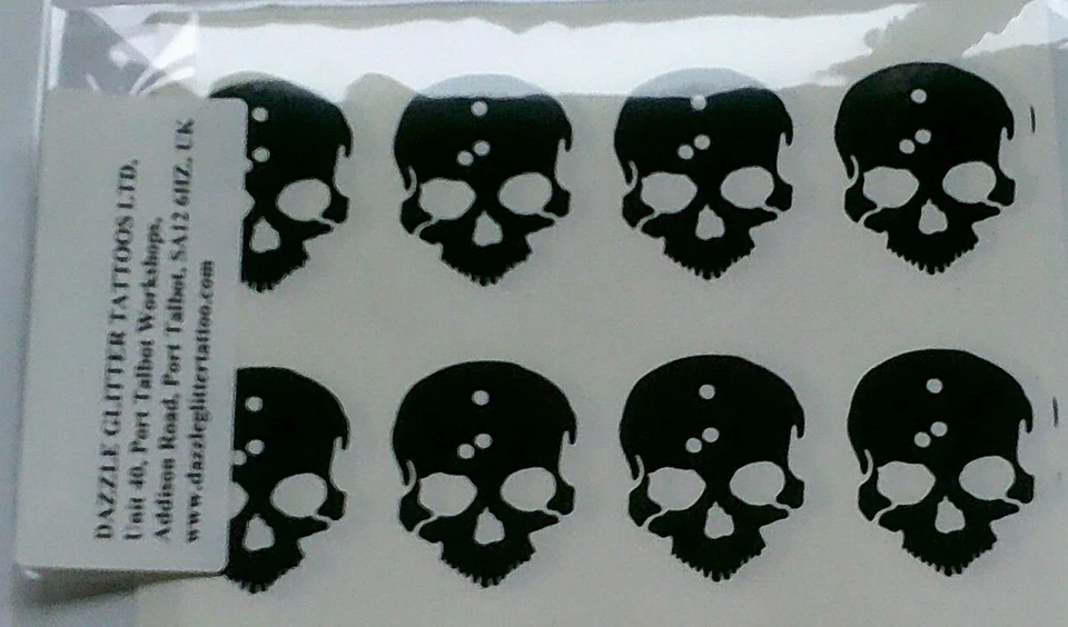 DAZZLE GLITTER TATTOOS 30 x black skull heads with bullet holes stickers scary spooky hours of fun