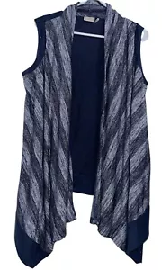 LOGO Lori Goldstein Asymmetrical Open Cardigan Vest Sz L Blue Stripe Draped Boho - Picture 1 of 5