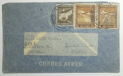 1938 Chile Airmail Cover Santiago to Lodz Poland - Image 1 of 2