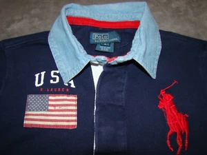 Polo Ralph Lauren Boys Size 6 Blue USA Flag Chambray Short Sleeve Polo Shirt - Picture 1 of 7