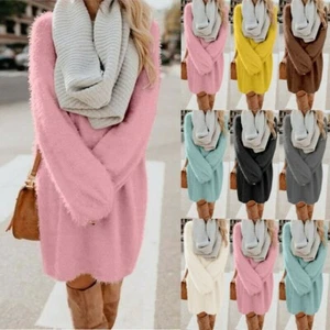Womens Long Sleeve Jumper Sweater Dress Ladies Fluffy Fleece Warm Pullover Dress - Bild 1 von 16