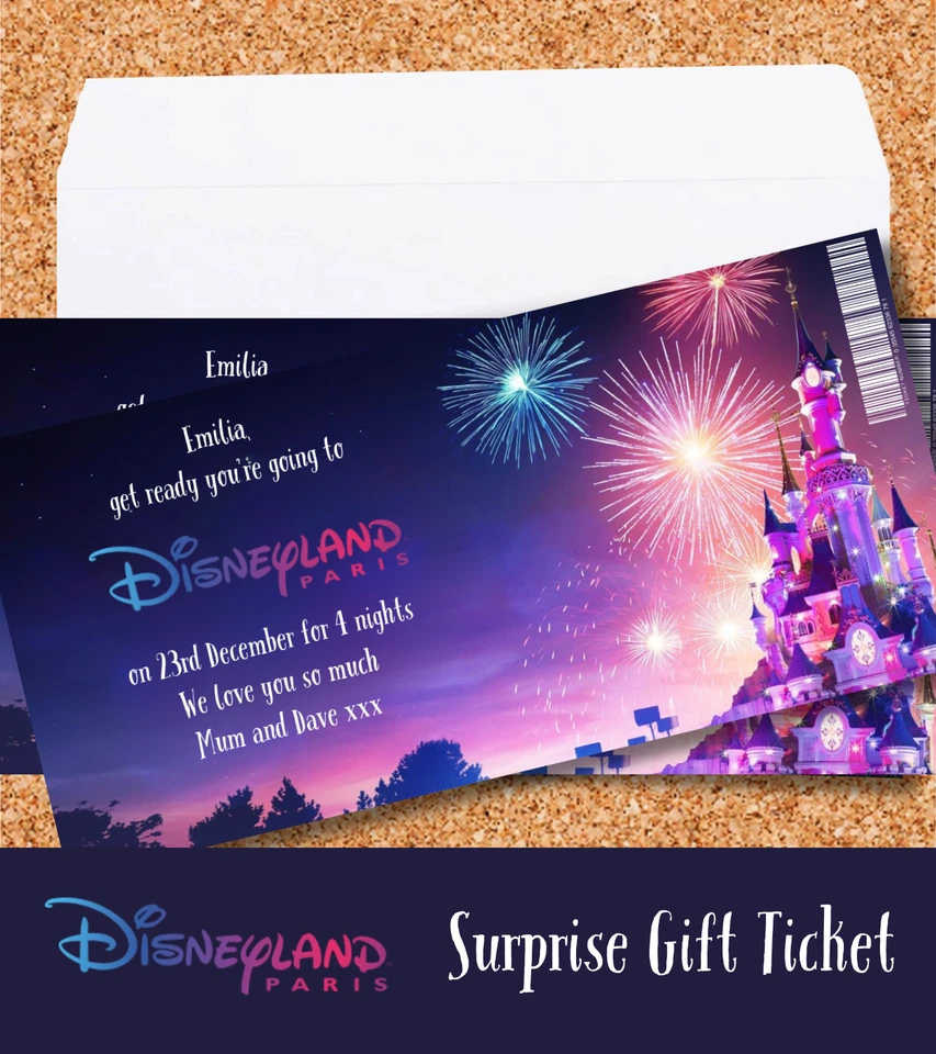 NEWHOUSE LABELS PERSONALISED DISNEY SURPRISE WE ARE GOING DISNEYLAND TICKET GIFT VOUCHER PRESENT