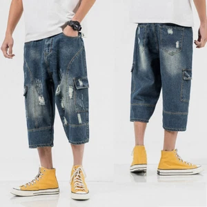 Men 3/4 Long Pants Denim Ripped Shorts Pockets Short Jeans Plus Size Vintage - Picture 1 of 11