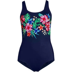 Lands End Tugless Low Leg One Piece Swimsuit Size 8 Navy Rossella Floral - Picture 1 of 6