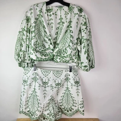 Zara Embroidered LS Crop Top and Shorts Green White Tropical Large Vacation - Image 1 of 4