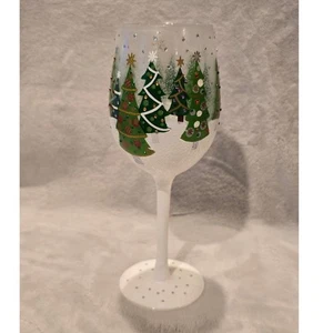 Lolita Christmas Trees in the Snow Hand Painted Wine Glass Holiday Drinkware - Picture 1 of 5