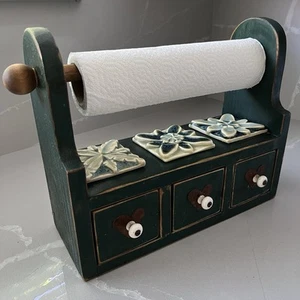 Vintage Paper Towel Holder Wooden With Drawers Tiles Shabby Chic Farmhouse Green - Picture 1 of 13