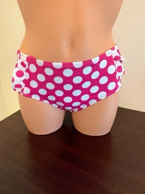 Nuevo con etiquetas Guess Swim Bottom Hipster Rosa Caliente Blanco Lunares Volantes Laterales XS Foto 1 de 4