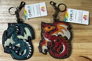 LOT OF 2 CHALA HANDBAGS KEYCHAIN FOBS - RED & TURQUOISE DRAGONS - COIN PURSE - Picture 1 of 15