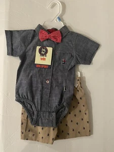 NWT Boys Toddler 3 pieces outfit. Shirt /shorts/BowTie.Beige Blue. Size 3 Month - Picture 1 of 5