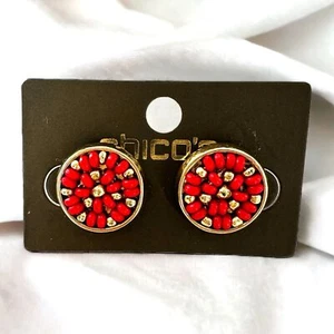 NEW Chico's Nyssa Red and Gold Beaded Round Studs Earrings - Picture 1 of 2