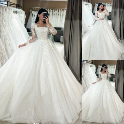Square Neck Wedding Dresses with Long Sleeves Glitter A Line Lace Bridal Gowns - Image 1 of 4