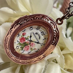 Rose Gold Clock Roses Victorian Brass Locket Necklace Pendant Wedding Mother - Picture 1 of 19