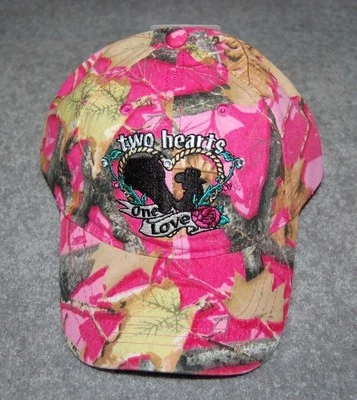 ADULTS PINK CAMO TWO HEARTS ONE LOVE HAT CAP ADUSTABLE ONE SIZE FITS MOST - Image 1 of 4