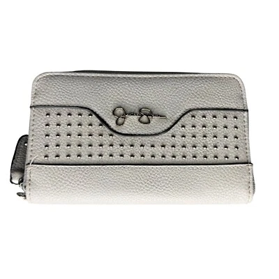Cartera sin asas Jessica Simpson cremallera alrededor tachonada imitación cuero gris Y2K Foto 1 de 4